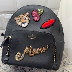 Kate Spade Black leather Backpack run wild leopard meow lips cherries